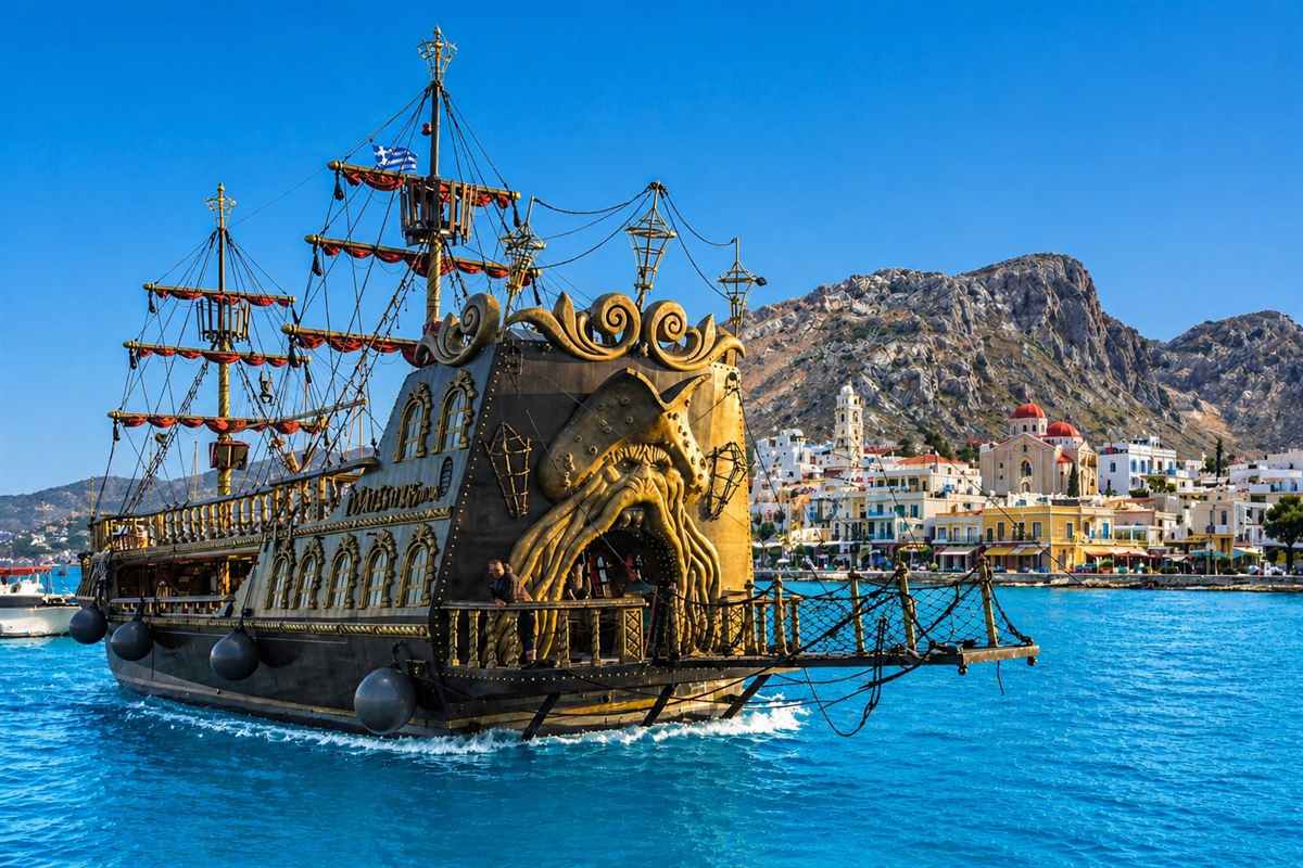 Kos 3 islands boat trip: a dark wooden pirate-style cruise ship with a carved gold sea-monster face at its end and red-trimmed masts flying a Greek flag, sailing in blue water past a harbour front of white and yellow buildings with a bell tower and red church domes below a rocky brown mountain