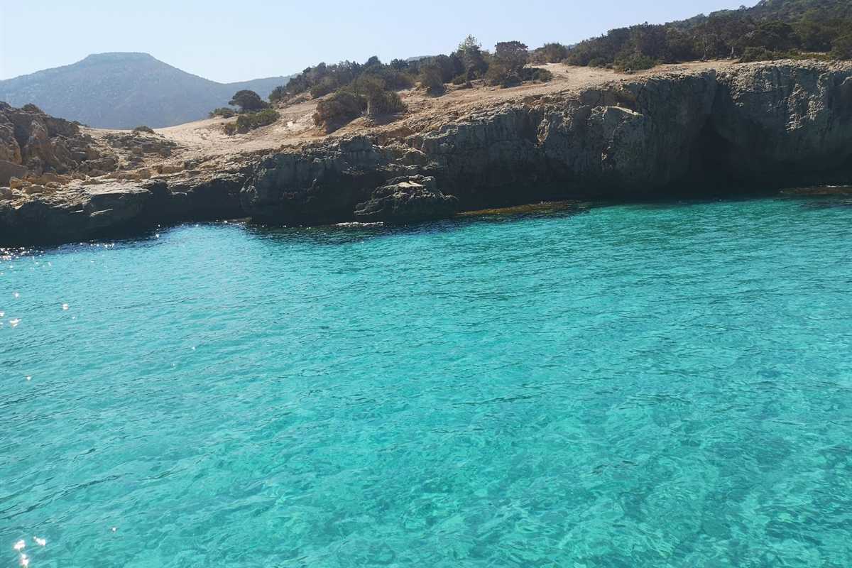 Paphos Blue Lagoon boat trip: a rocky limestone shore with a dark sea cave opening at the right, dry scrub on the clifftop and a hill behind, above calm clear turquoise water