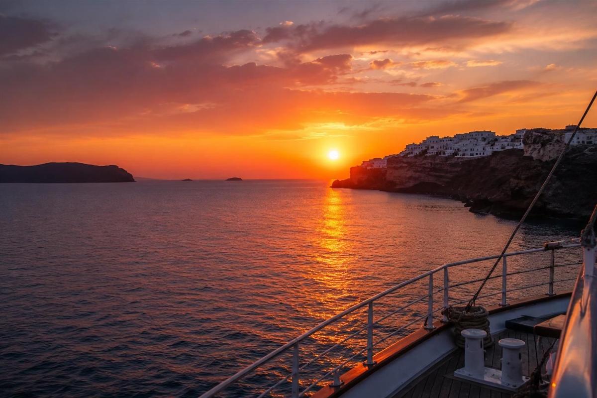 Santorini volcano sunset cruise: the sun setting orange over the calm caldera water as seen from the bow of a wooden cruise boat, with the white houses of Oia on the dark cliff at right and a dark volcanic island silhouetted at left